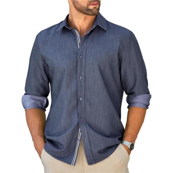 Mens Casual Button Down Denim Shirts Long Sleeve Untucked Stretch - Picture 1 of 6
